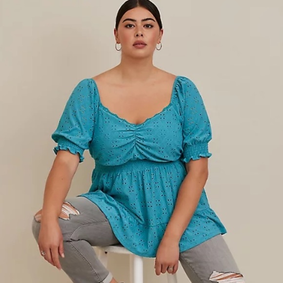 torrid Tops - TORRID EYELET SMOCKED WAIST AND SLEEVE SWEETHEART TOP